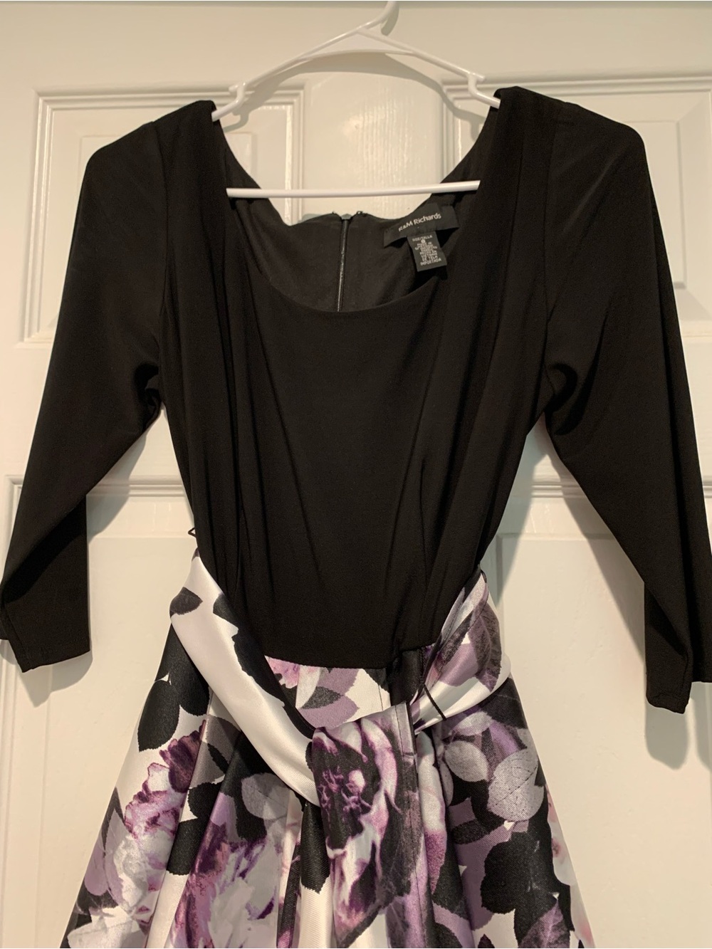 R&M Richards Black, White and Purple Floral High-Low Satin Skirt with Waist Tie